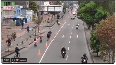 Traffic lane coned off to give cyclists space in Bogota