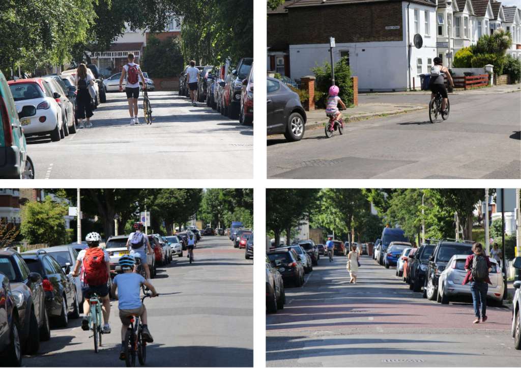 People walking and cycling freely down the middle of their local streets to maintain social distance during the Covid pandemic 