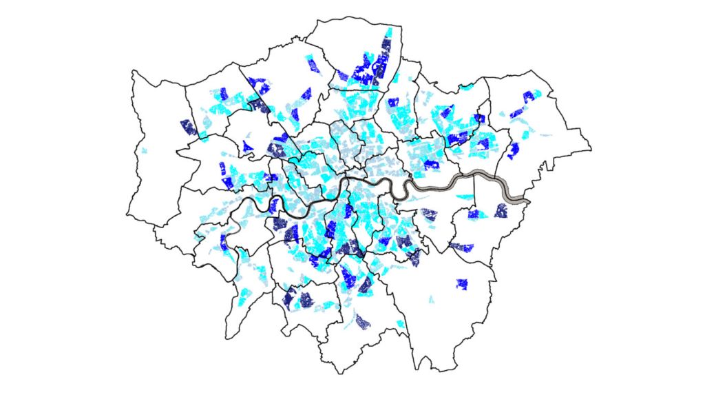 Map from TfL Streetspace document showing areas where low traffic neighbourhoods should be a priority