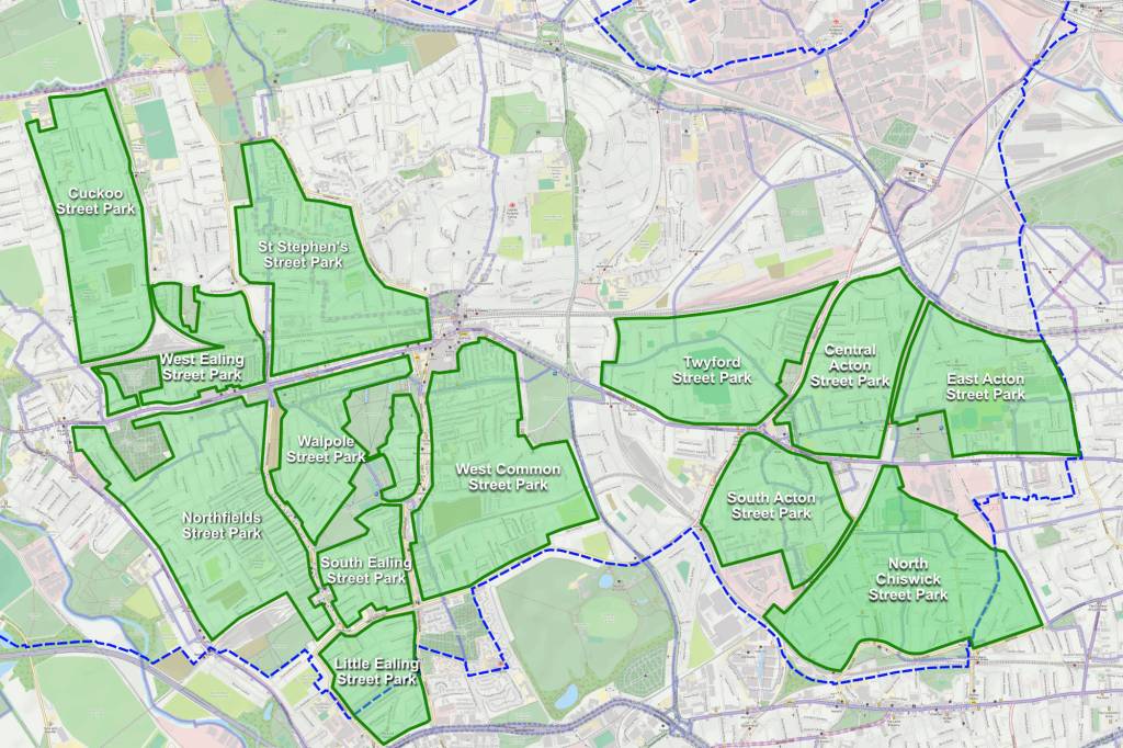 Map showing how south-west Ealing could easily be divided into a number of Street Park areas