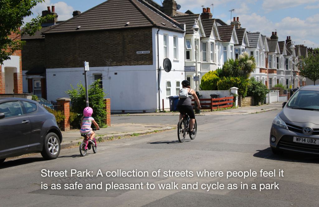 Concluding image showing people enjoying quiet, safe, street